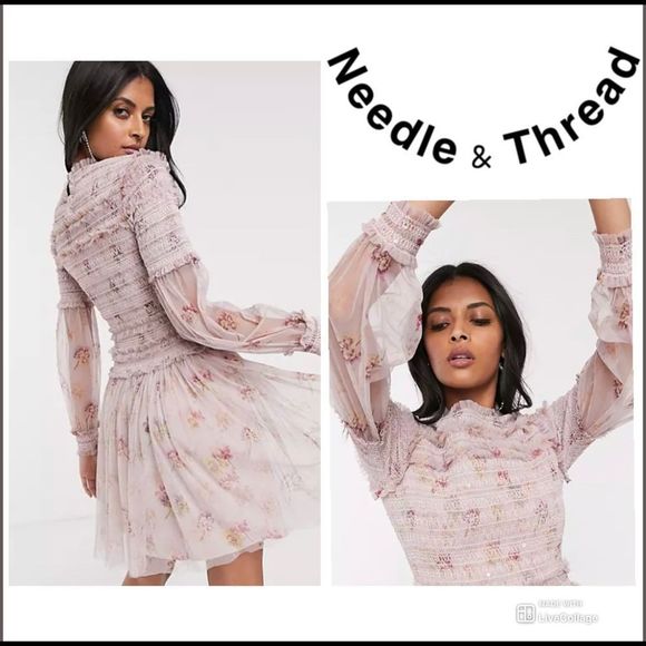 Needle & Thread Dresses & Skirts - Needle & Thread sequin mini dress with sheer sleeves in dusty mauve